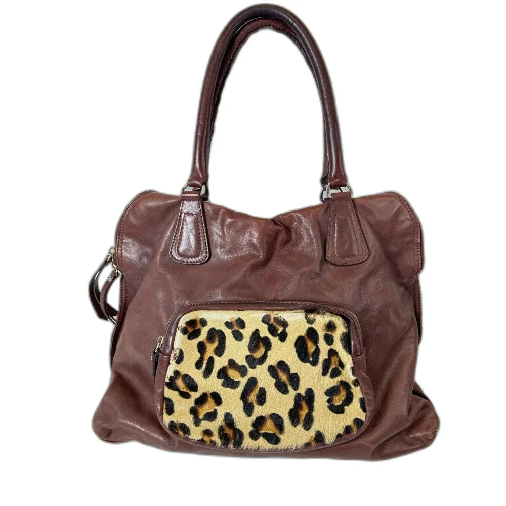 Rosella D Burgundy Leather Animal Print Calf Hair Large Satchel Shoulder Bag
